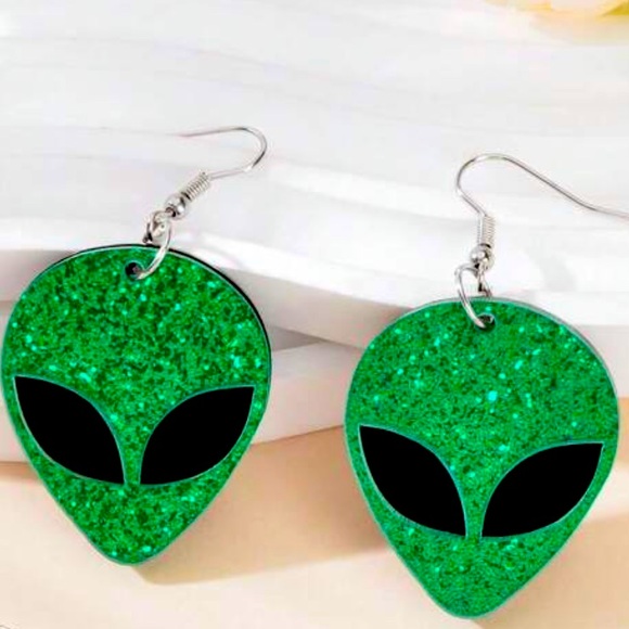 SALE Retro Alien Green Glitter Acrylic Earrings - Picture 2 of 4